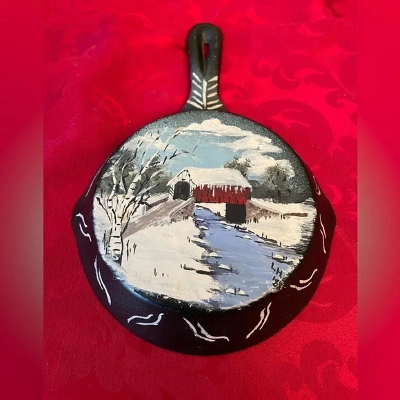 Vintage Cast Iron Skillet 6-1/2" Hand Painted Covered Bridge Winter Scene - Picture 1 of 2